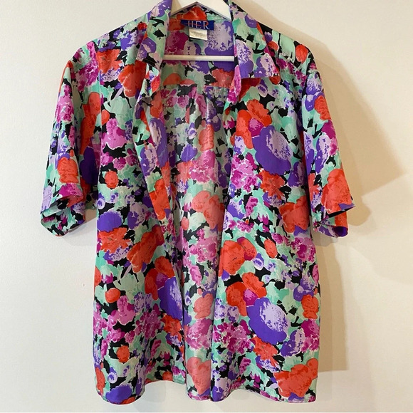Vintage 1980s HER 100% Silk Short Sleeve Floral Blouse Size L - Picture 1 of 17